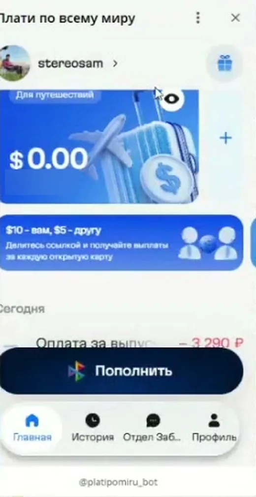 Карта Плати по миру выпущена: баланс $0.00 и оплата за выпуск 3 290 рублей